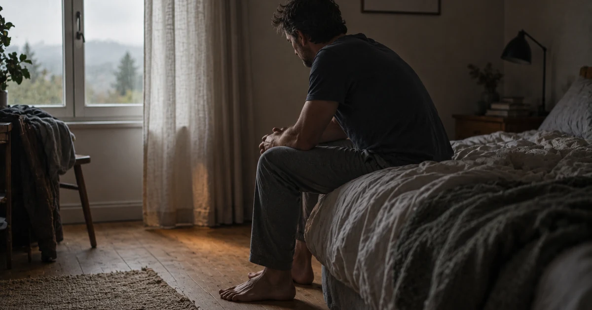 Man sitting on the edge of a bed, barefoot, facing the open French window in early morning light