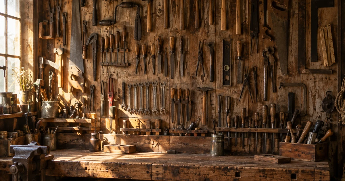 Old workshop, a wooden wall covered in hanging tools, the workbench lit by the window