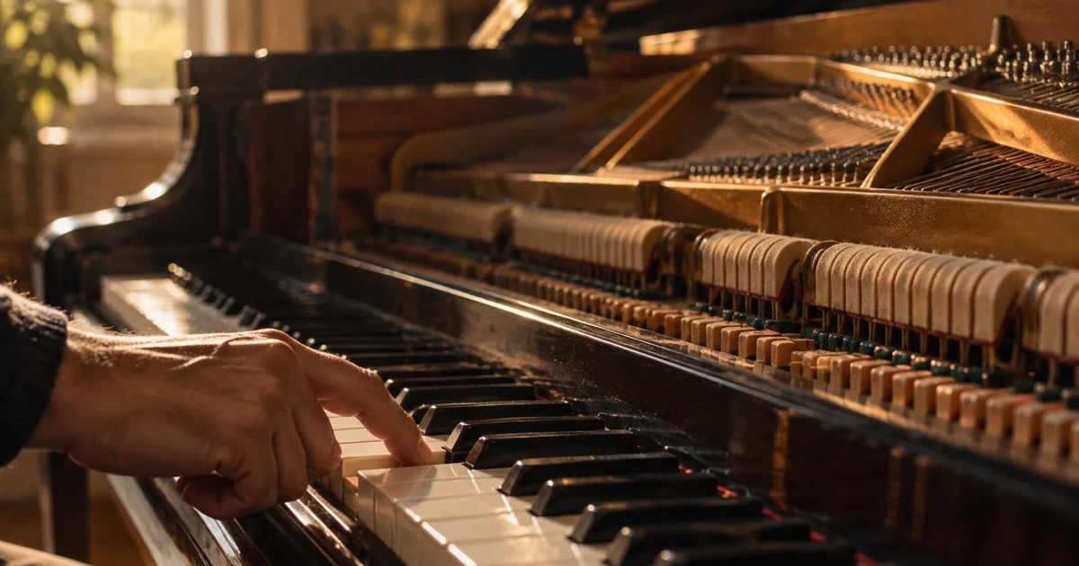 Hand on the keys of a grand piano, its lid open to reveal the hammers and strings