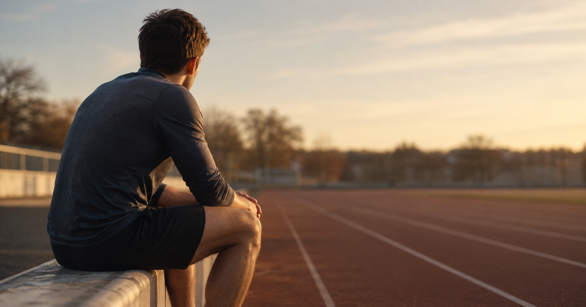 Athlete sitting at the edge of an empty running track at sunset, reflecting on their relationship with sport