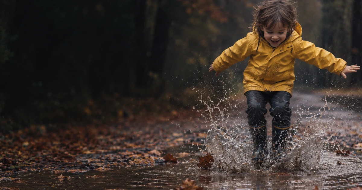 Child in a yellow raincoat laughing in the rain: curiosity with no method, just for the joy of it