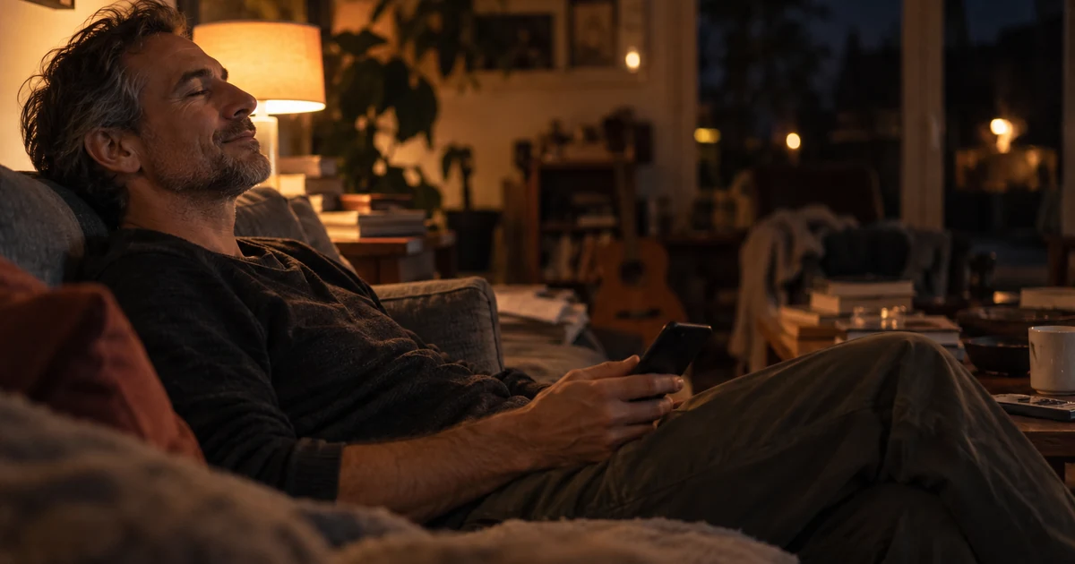 Man relaxing on a sofa in the evening, eyes closed with a faint smile, phone in hand