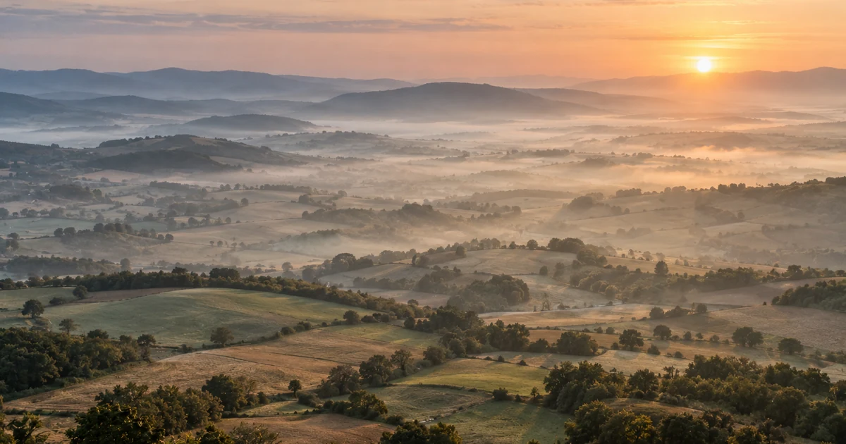 Hiker seen from behind, backpack on, standing on a rock above a misty valley at sunrise