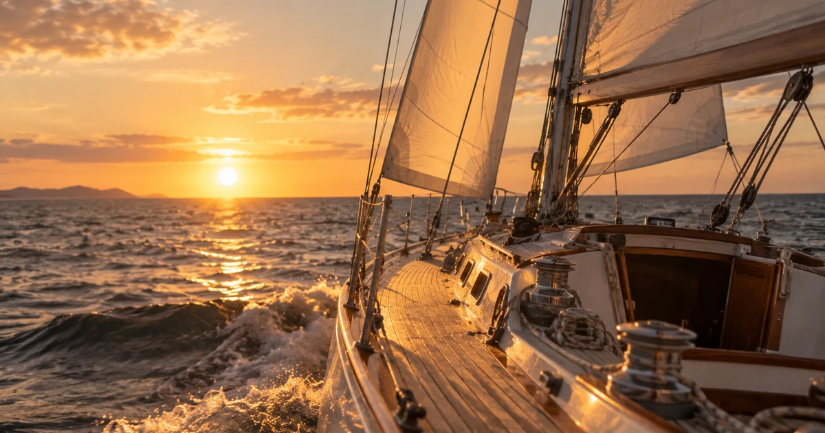 Teak deck of a sailboat under sail, heeling slightly, the sun setting over the sea ahead of the bow